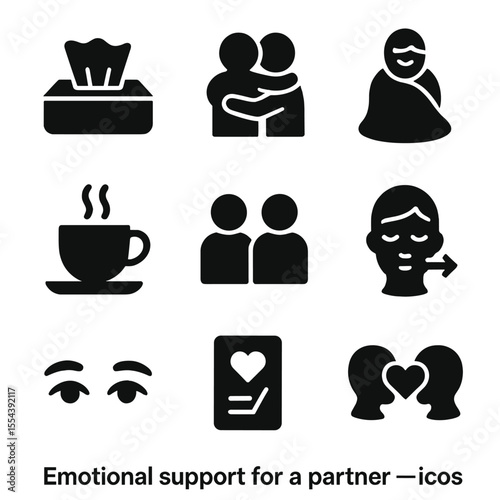 Emotional Support Icons. Solid, filled icons set of emotional support for a partner: tissue box, supportive