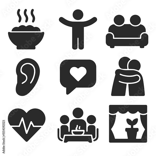 Emotional Support Icons Grid. Solid, filled icons set of emotional support at home: warm meal, open arms,