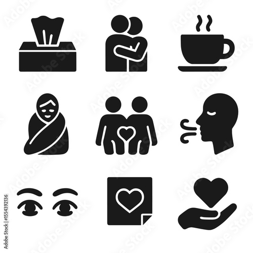 Emotional Support Icons. Solid, filled icons set of emotional support for a partner: tissue box, supportive