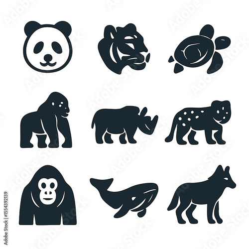 Endangered Species Icons. Solid, filled icons set of endangered species: panda, tiger, sea turtle, gorilla,