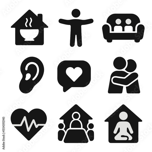Emotional Support Icons Grid. Solid, filled icons set of emotional support at home: warm meal, open arms,