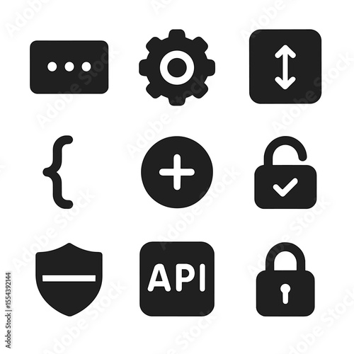 Encapsulation Icons Grid. Solid, filled icons set of encapsulation and access control: private field, getter