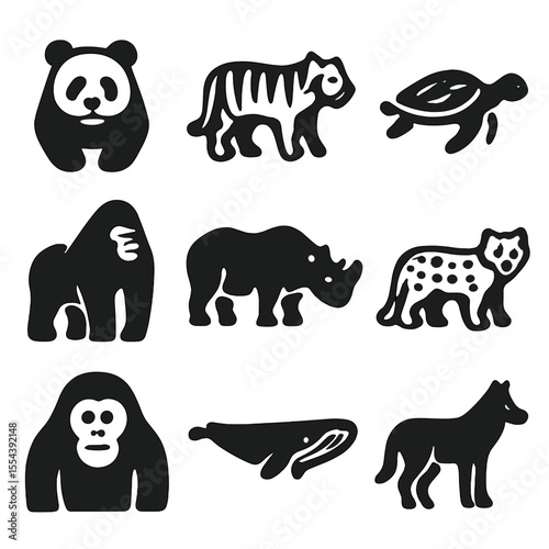 Endangered Species Icons. Solid, filled icons set of endangered species: panda, tiger, sea turtle, gorilla,
