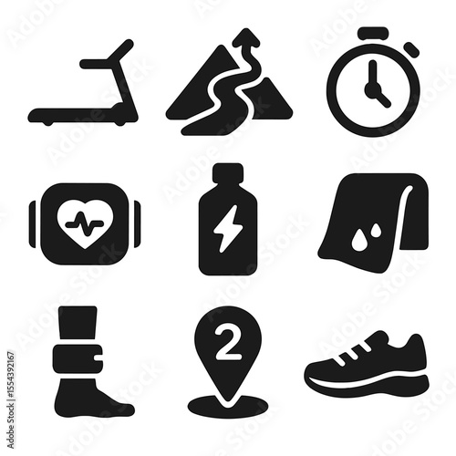 Endurance Training Icons. Solid, filled icons set of endurance training: treadmill, mountain path, stopwatch,