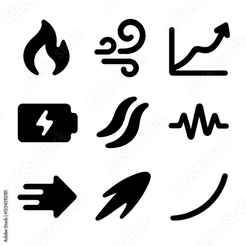 Energy Theme Icons. Solid, filled icons set of energy and momentum themes: fire spark, wind swirl, progress