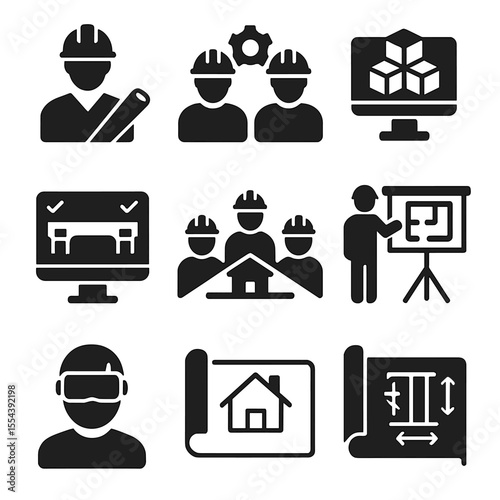 Engineering Icon Set. Solid, filled icons set of engineering collaboration: architect icon, engineer team,