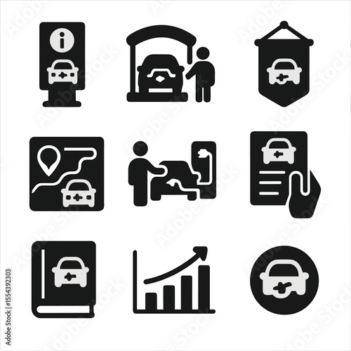 EV Education Icons. Solid, filled icons set of EV education and awareness: EV info kiosk, dealership test
