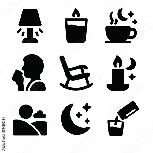 Evening Relaxation Icons. Solid, filled icons set of evening relaxation: soft light, cozy glass, bedtime drink