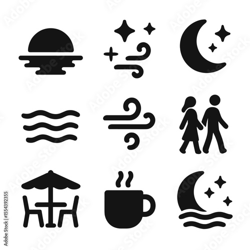 Evening Romance Icons. Solid, filled icons set of evening romance vibes: soft sunset, twinkling stars, moon