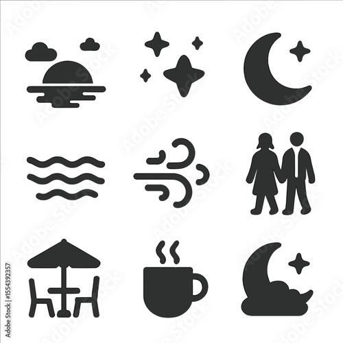 Evening Romance Icons. Solid, filled icons set of evening romance vibes: soft sunset, twinkling stars, moon