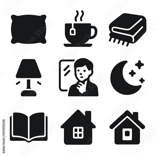 Evening Self-Care Icons. Solid, filled icons set of evening self-care routine: soft pillow, bedtime tea, cozy