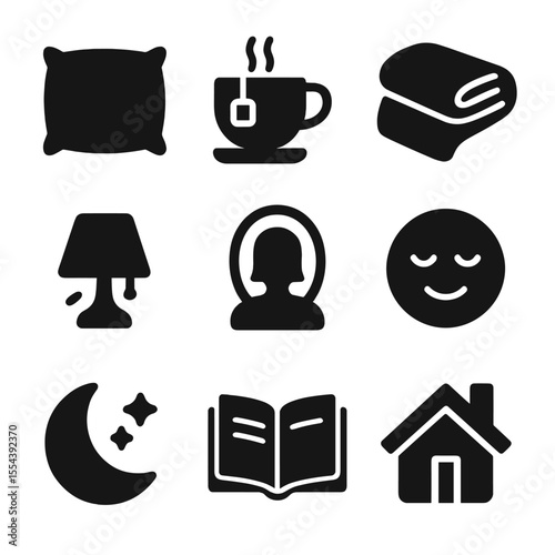 Evening Self-Care Icons. Solid, filled icons set of evening self-care routine: soft pillow, bedtime tea, cozy