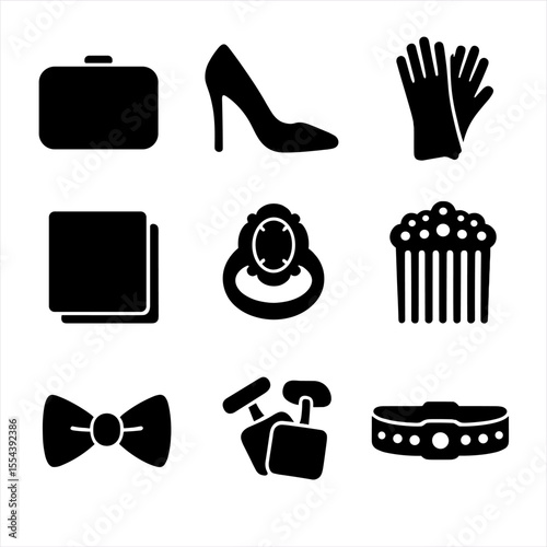 Evening Wear Icons. Solid, filled icons set of evening wear accessories: evening clutch, stiletto heel, satin