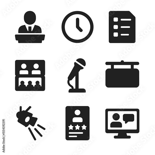 Event Planning Icons. Solid, filled icons set of speaker and session planning: speaker profile icon, clock