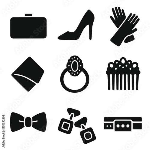 Evening Wear Icons. Solid, filled icons set of evening wear accessories: evening clutch, stiletto heel, satin
