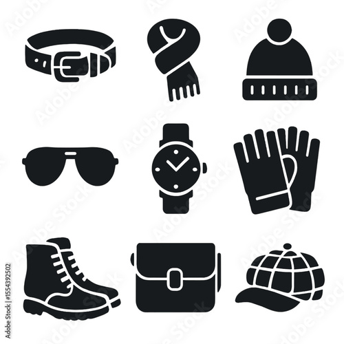 Fall Men's Accessories Icons. Solid, filled icons set of fall accessories for men: leather belt, wool scarf,