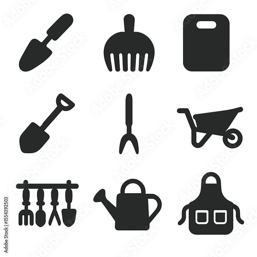 Fall Gardening Icons. Solid, filled icons set of fall gardening tools: hand trowel, leaf scooper, kneeling pad