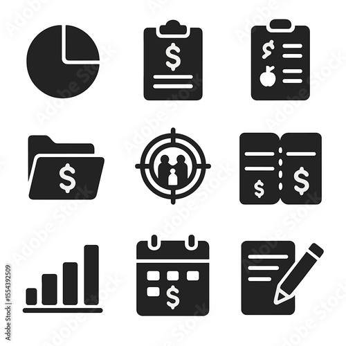 Family Budget Icons. Solid, filled icons set of creating a family budget plan: pie chart, income tracker,