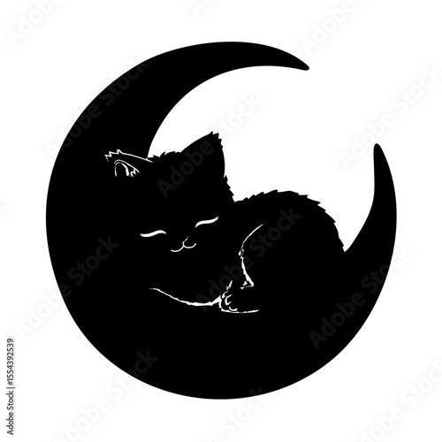 Crescent moon cradle with a sleeping cat Silhouettes
