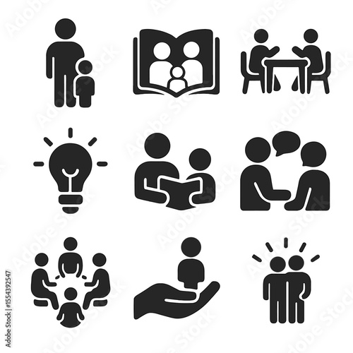 Family Education Icons. Solid, filled icons set of family-led education: parent icon, family book, group table