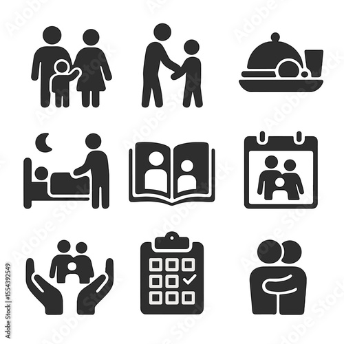 Family Care Icons. Solid, filled icons set of family caregiving: family icon, parent and child, meal tray,