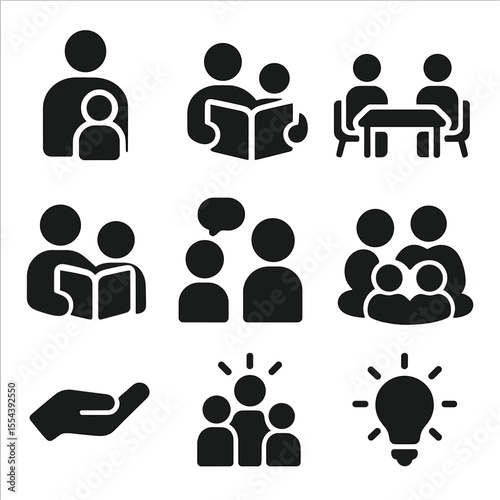 Family Education Icons. Solid, filled icons set of family-led education: parent icon, family book, group table