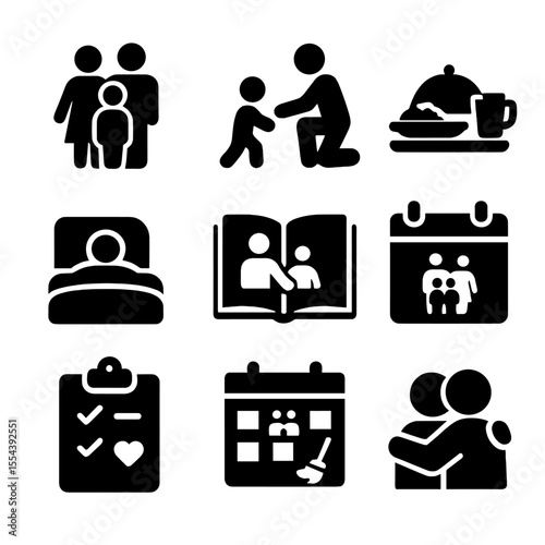 Family Care Icons. Solid, filled icons set of family caregiving: family icon, parent and child, meal tray,