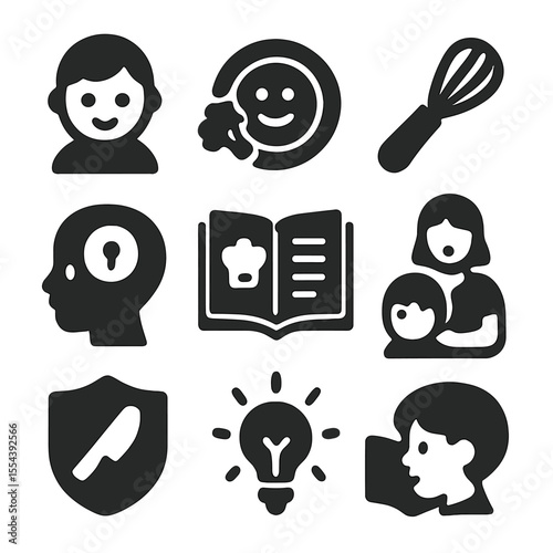 Family Cooking Icons. Solid, filled icons set of family cooking and kitchen learning: child icon, kid-friendly