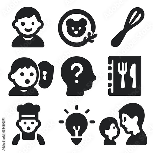 Family Cooking Icons. Solid, filled icons set of family cooking and kitchen learning: child icon, kid-friendly