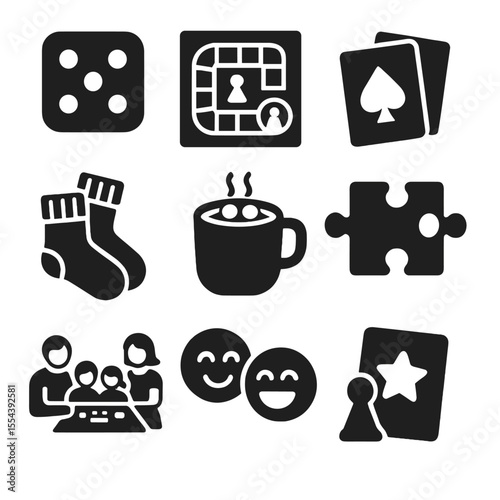 Family Game Icons. Solid, filled icons set of family board games and activities: dice icon, game board, card