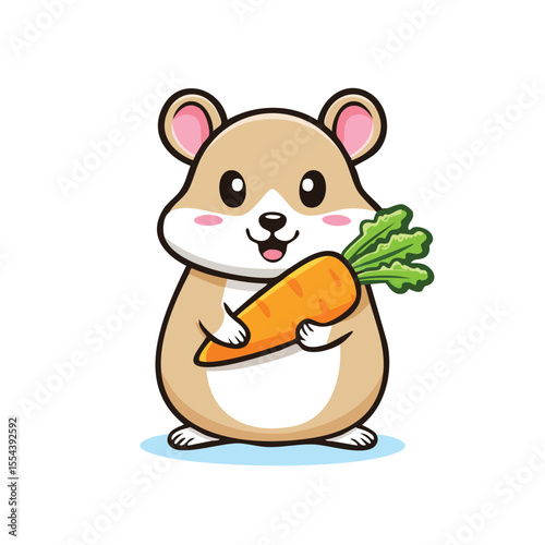 Minimal Flat Vector of Cute Hamster Holding Carrot with Bold Black Outline Happy Expression