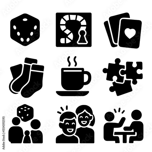 Family Game Icons. Solid, filled icons set of family board games and activities: dice icon, game board, card