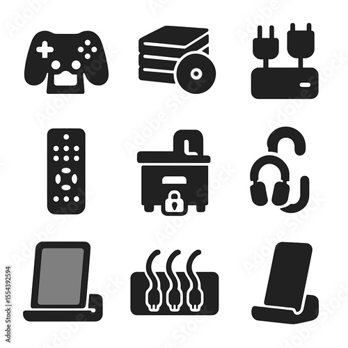 Family Media Icons. Solid, filled icons set of family media organization: game controller holder, movie stack,