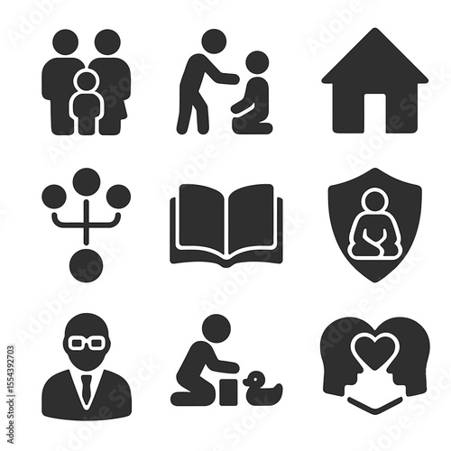 Family Therapy Icons. Solid, filled icons set of family therapy: family icon, parent-child, home, family tree,