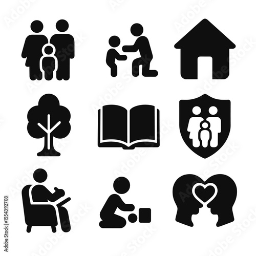 Family Therapy Icons. Solid, filled icons set of family therapy: family icon, parent-child, home, family tree,