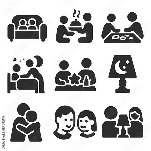Family Icons Set. Solid, filled icons set of family moments at home: cozy sofa, warm meal, shared game,