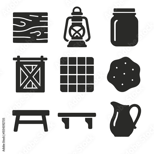 Farmhouse Icon Set. Solid, filled icons set of farmhouse touches: weathered wood, vintage lantern, mason jar,
