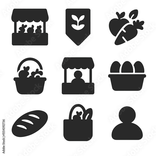 Farmers' Market Icons. Solid, filled icons set of farmers’ market activities: produce stand, local market sign
