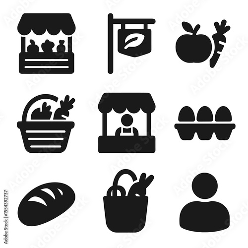 Farmers' Market Icons. Solid, filled icons set of farmers’ market activities: produce stand, local market sign