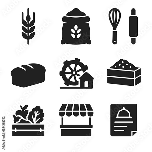 Farm-to-Table Icons. Solid, filled icons set of farm-to-table grain journey: wheat stalk, flour sack, baking