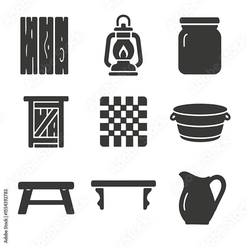 Farmhouse Icon Set. Solid, filled icons set of farmhouse touches: weathered wood, vintage lantern, mason jar,