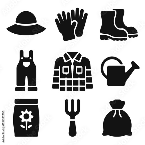 Farming Attire Icons. Solid, filled icons set of farming and garden attire: farmer hat, gardening gloves, work