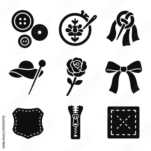 Fashion Detail Icons. Solid, filled icons set of upscale fashion details: metal buttons, embroidery pin, scarf