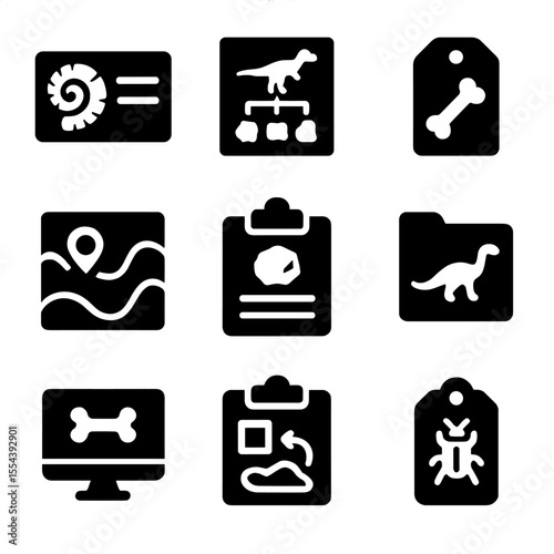 Field Identification Icons. Solid, filled icons set of field identification: fossil ID card, species chart,
