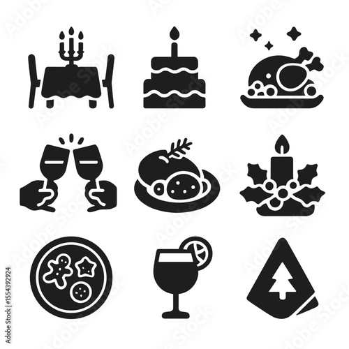 Festive Holiday Cooking Icons. Solid, filled icons set of festive holiday cooking: holiday table, party cake,