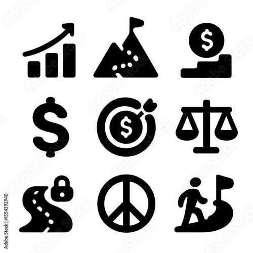 Financial Freedom Icons. Solid, filled icons set of long-term financial freedom and stability: growth icon,