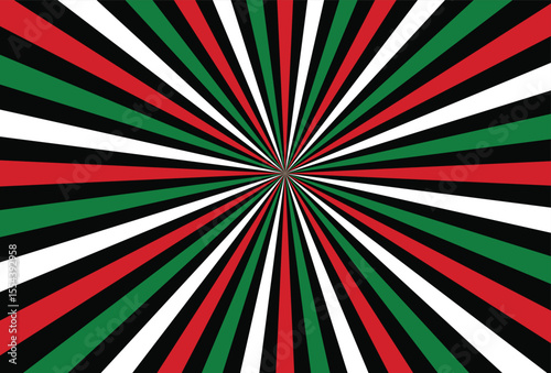Radial burst pattern with alternating stripes in black, white, red, and green representing the colors of the Palestinian flag