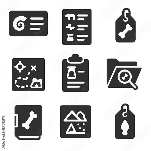 Field Identification Icons. Solid, filled icons set of field identification: fossil ID card, species chart,