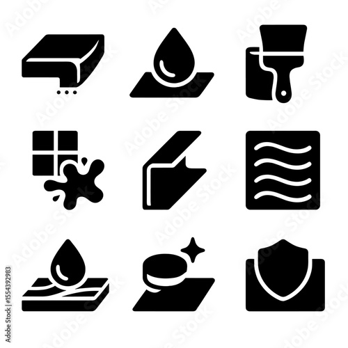 Finishing Touches Icons. Solid, filled icons set of finishing touches: edge detail, water seal, paint finish,