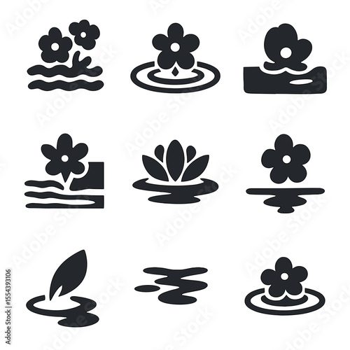 Floral Reflection Icons. Solid, filled icons set of floral reflections in water: flower cluster, ripple ring,